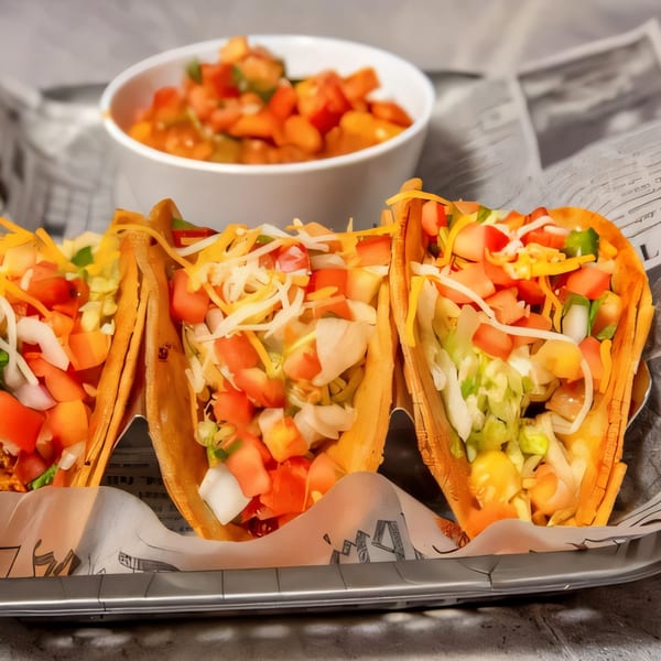 Three B-UNOS tacos filled with lettuce, tomatoes, cheese, and onions, with a bowl of salsa.