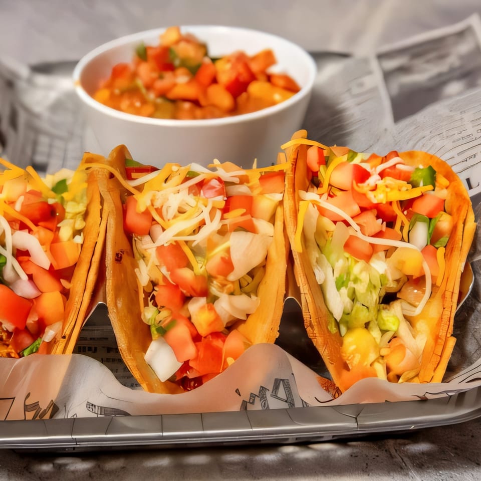 Three B-UNOS tacos filled with lettuce, tomatoes, cheese, and onions, with a bowl of salsa.