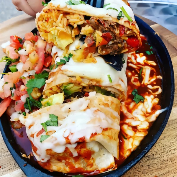 A large, sliced B-UNOS burrito covered in melted cheese and sauce, served with pico de gallo.